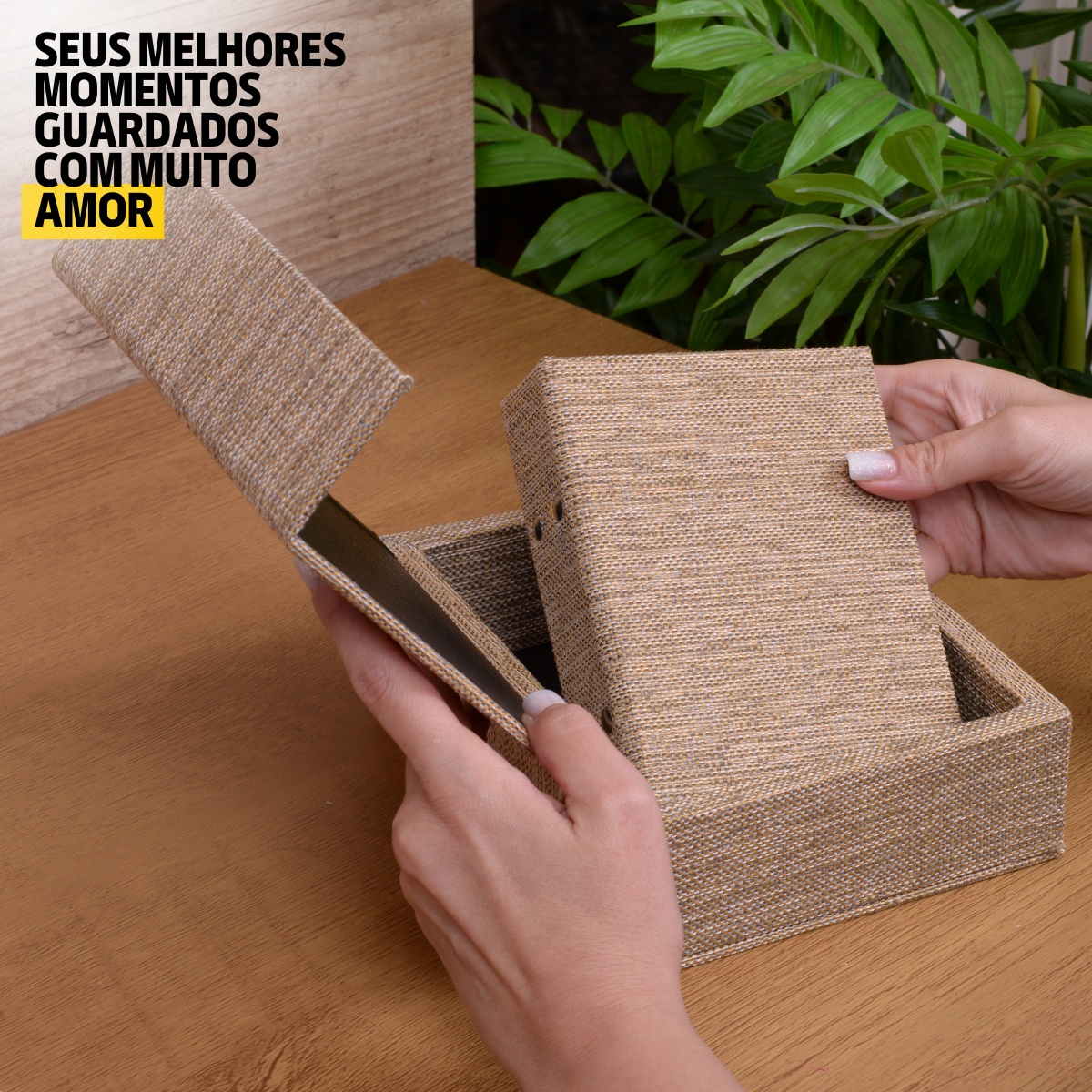 Estojo Imantado com Álbum p/ 120 fotos 10x15 JUTA DOURADO Tecido Caixa Imã - Imagem 3