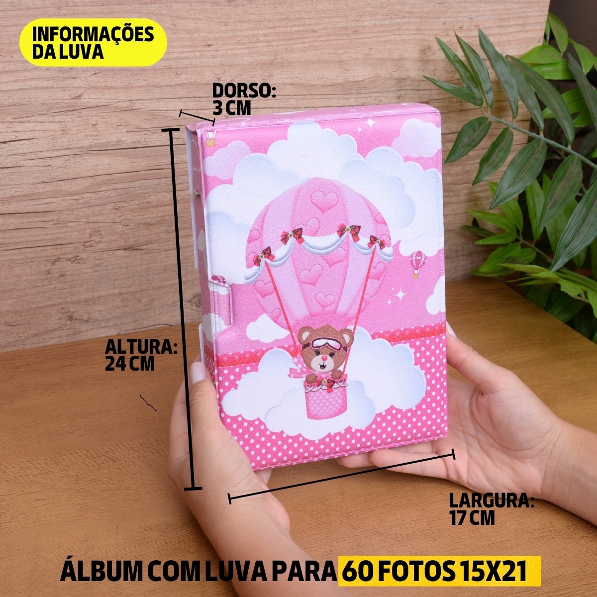 Luva E Álbum Fotográfico 60 Fotos 15x21 URSA BALOEIRA Ursinha Rosa Balão Menina Delicada - Imagem 6