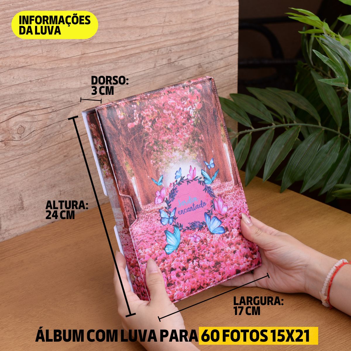 Luva E Álbum Fotográfico 60 Fotos 15x21 JARDIM ENCANTADO Rosa Delicado Borboletas - Imagem 6